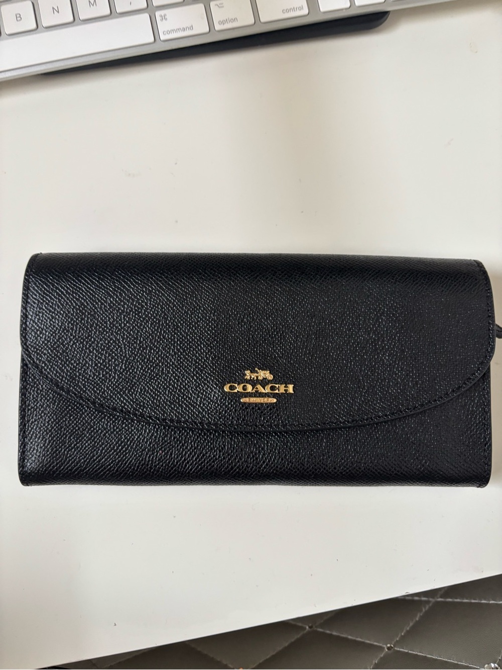 Coach Black Leather Continental Wallet with Gold Logo Accent